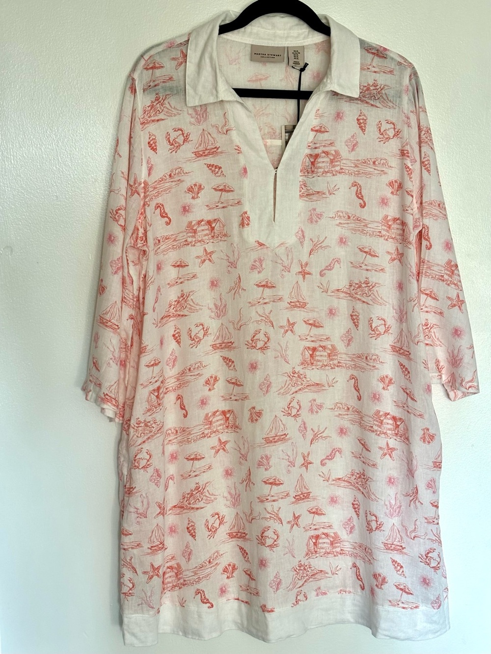 Martha Stewart Collection Coastal Toile Linen Tunic Coral Size XL NWT
